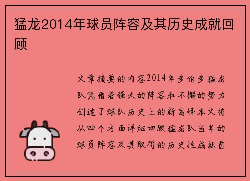 猛龙2014年球员阵容及其历史成就回顾